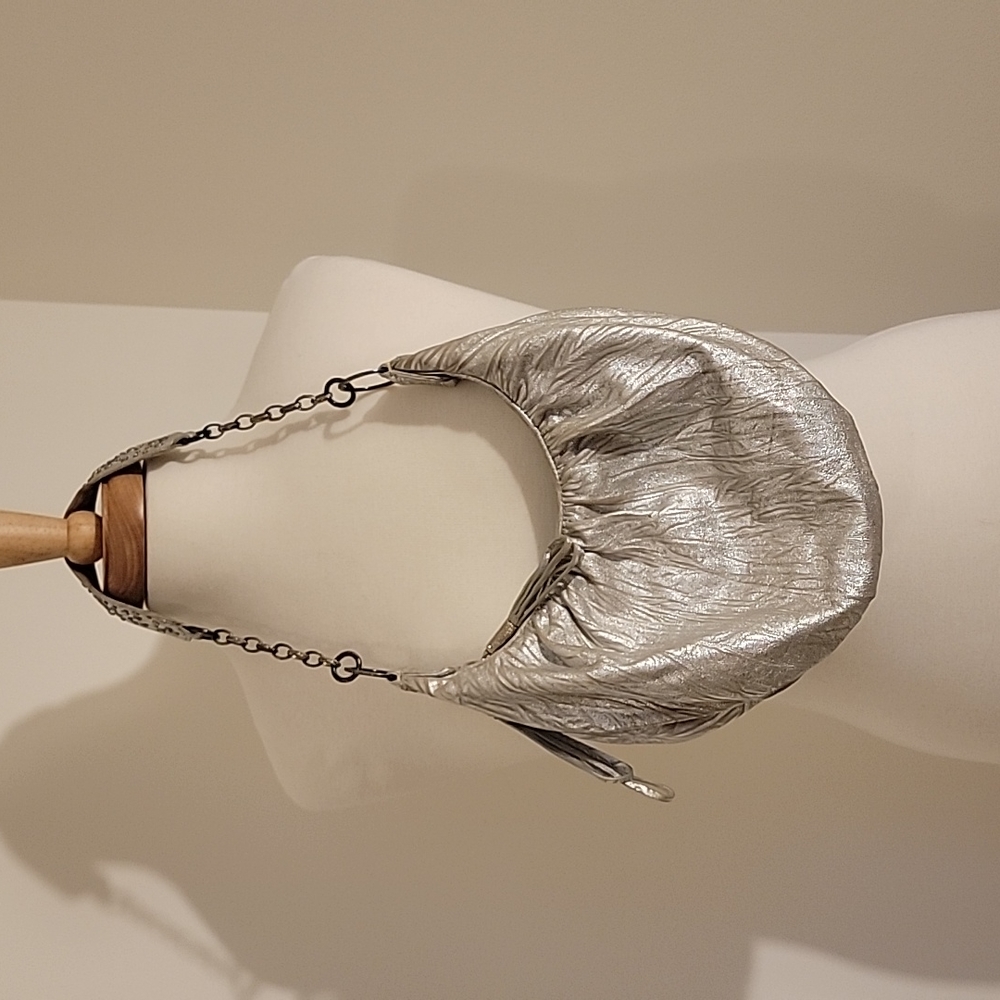 LAUNDRY by Shelli Segal Small Metallic Silver Leather Bag w/ Studded Strap